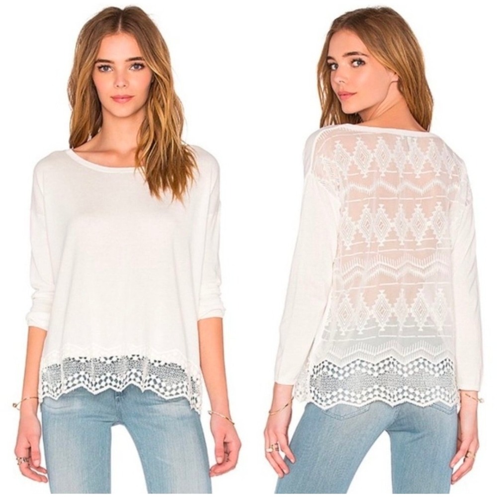 Joie White silk Lace Cotton Knit Long Sleeve Casual Swester Shirt Top Women's L